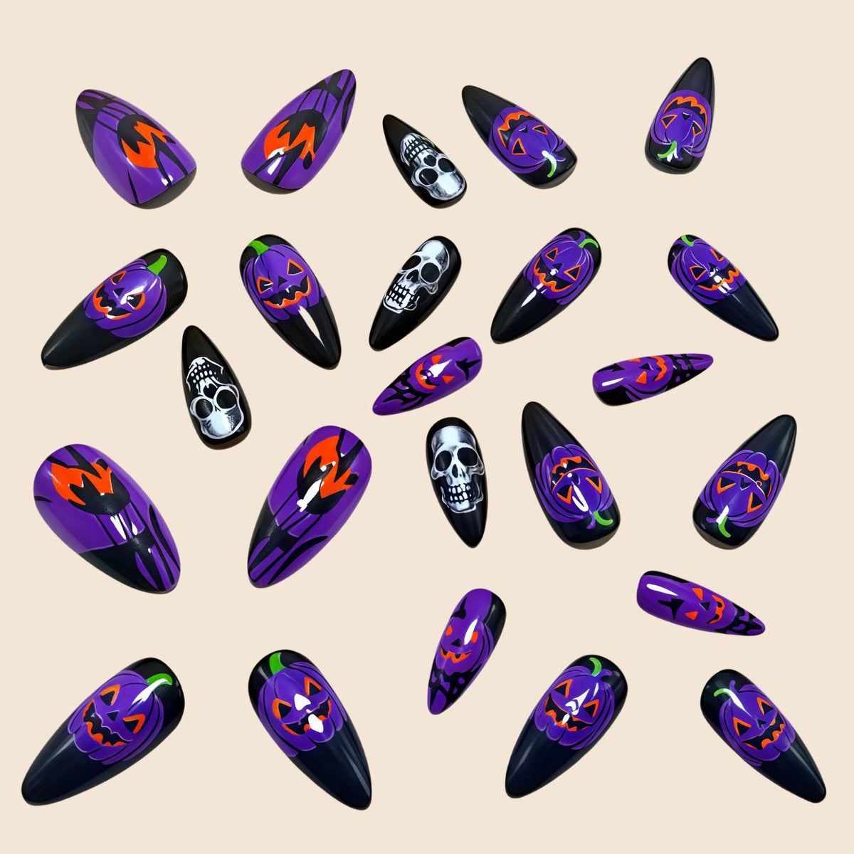Halloween Pumpkin Skull Press-On Nails | Available in Beige | Glue-Free Application in Minutes for Parties and Nights Out