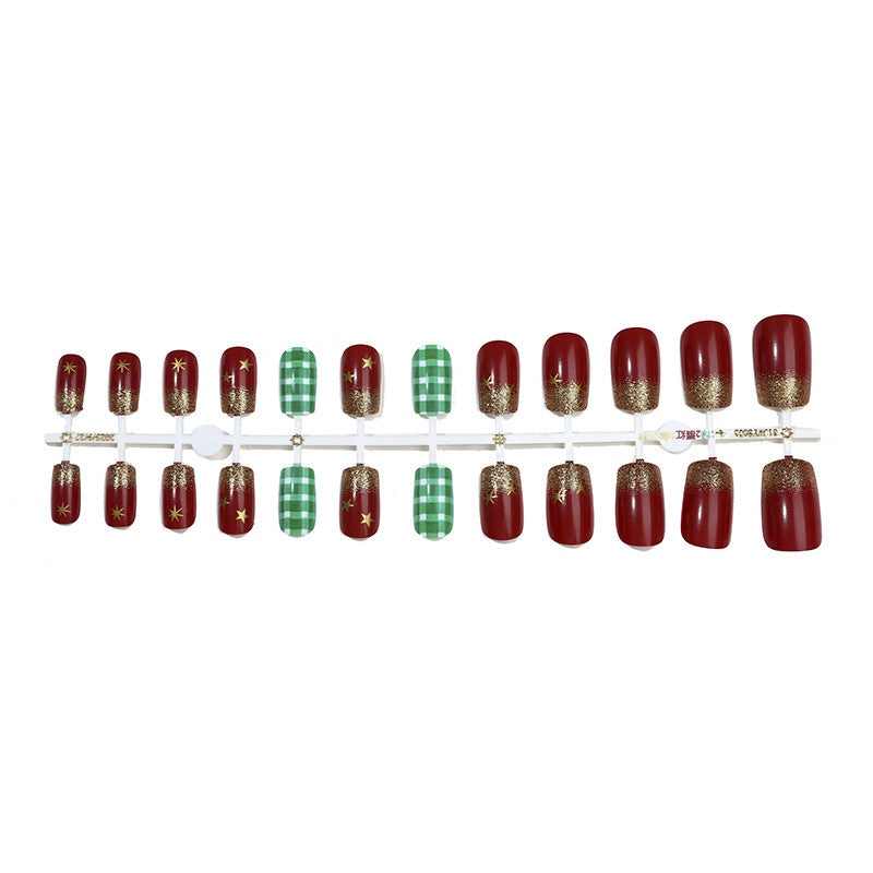 Green Plaid Christmas Nails with Gold Tips | Star Motif Press On Nail Designs | Festive Winter Manicure for Parties