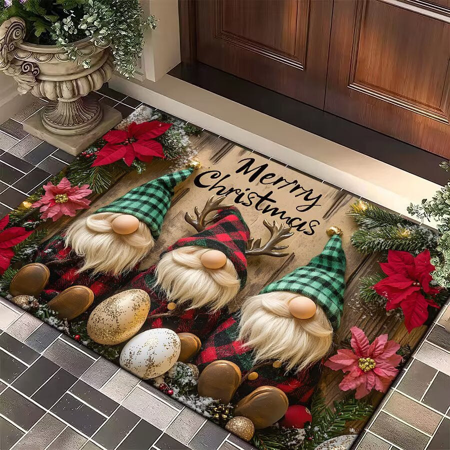 Christmas Door Mat with Santa, Reindeer and Ornaments | Festive Xmas Welcome Rug for the Porch | Holiday Entrance Decor