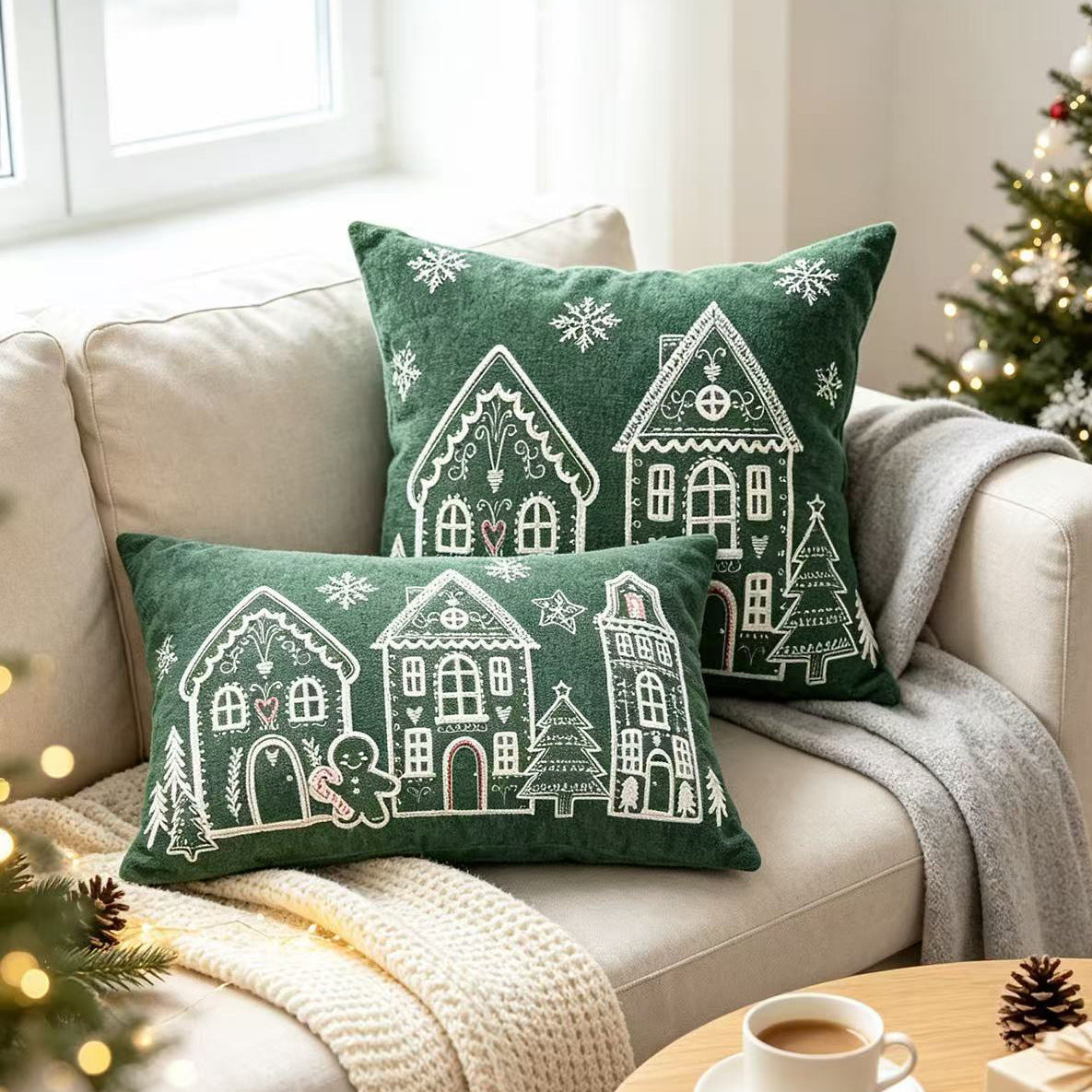 Christmas Bedroom Pillow Cover with Embroidered Gingerbread Houses | Soft Velvet Style Fabric, Hidden Zipper | Six Designs, Two Sizes