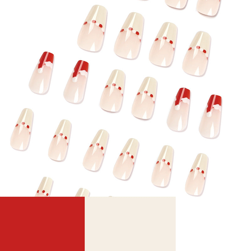 Christmas Fingernails with Red and White Accents | Glossy Press On Nails in Mixed Sizes | Festive Manicure for Parties