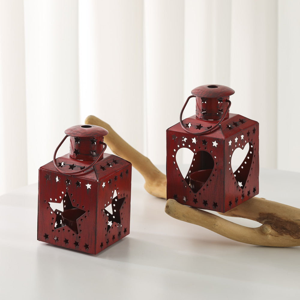 Square Tea Light Lantern with Christmas Tree Cutouts | Distressed Xmas Candle Holder for Mantel | Festive Star Design