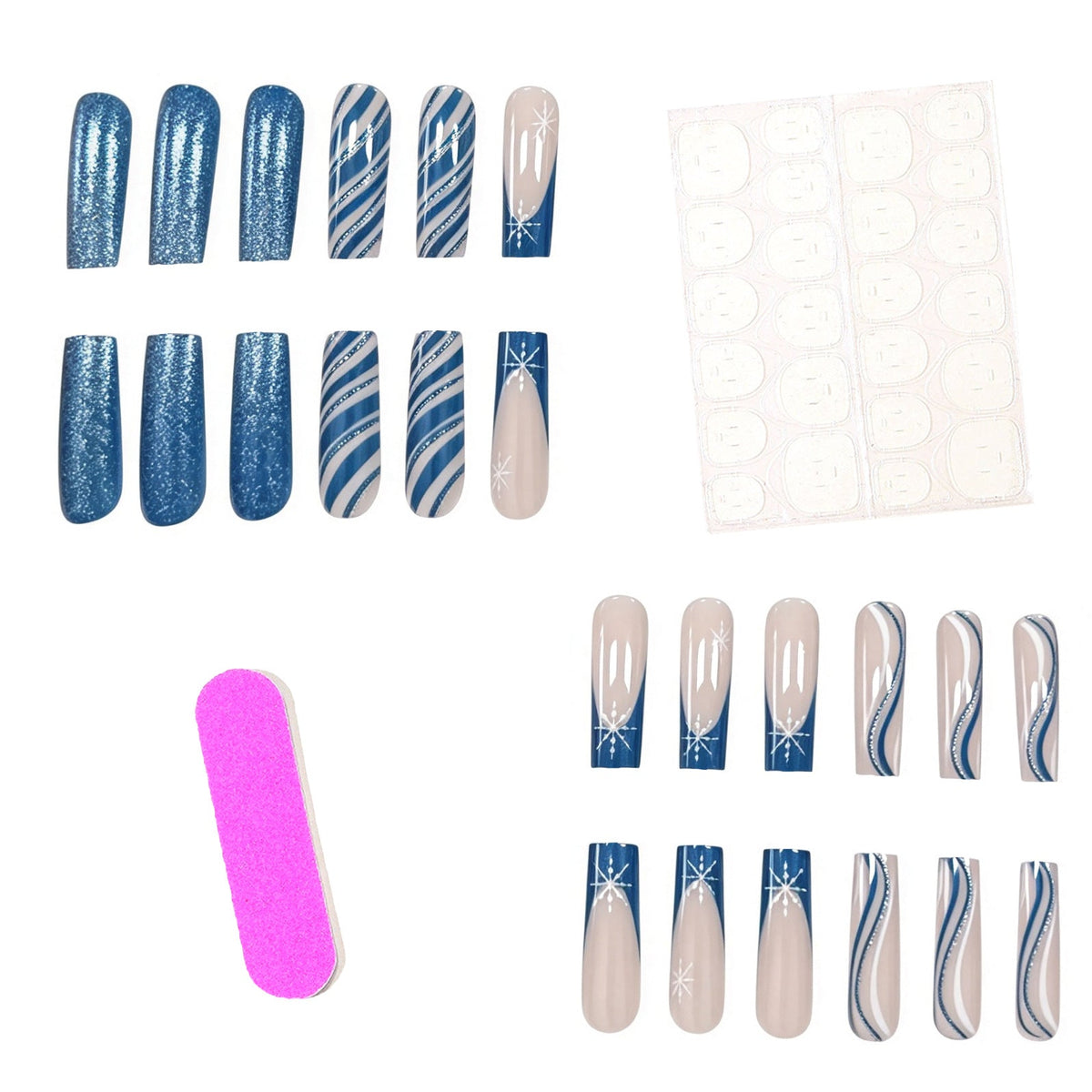 Blue Christmas Nails with Icy Swirl Art | Long Press-On Tips Marbled in White | Radiant Finish for Winter Celebrations