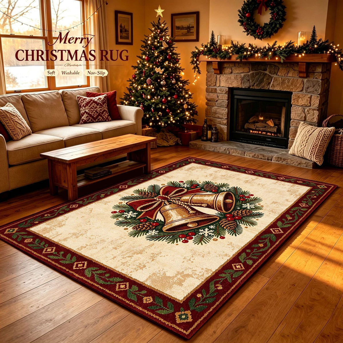 Christmas Area Rug with Snowflake and Pine Cone Pattern | Plush Soft Pile, Non-Slip Backing | Washable Holiday Floor Decor