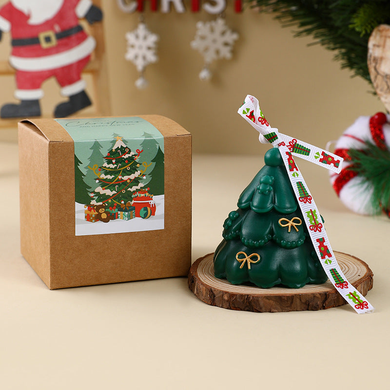 Scented Christmas Tree Candle with Ribbon Bow | Hand Poured Wax in a Kraft Gift Box | Seasonal Mantel Decor and Tabletop Accent