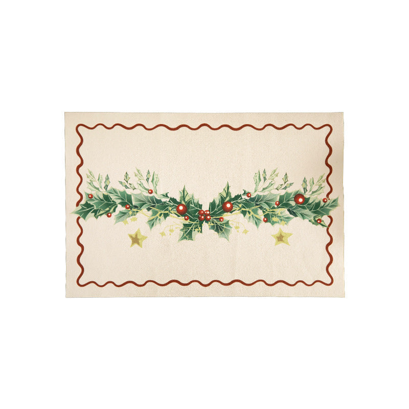 Christmas Placemat Set with Merry Lettering and Holly Accents | Red and Green Scalloped Table Mats | Flat Wipe Clean Decorations