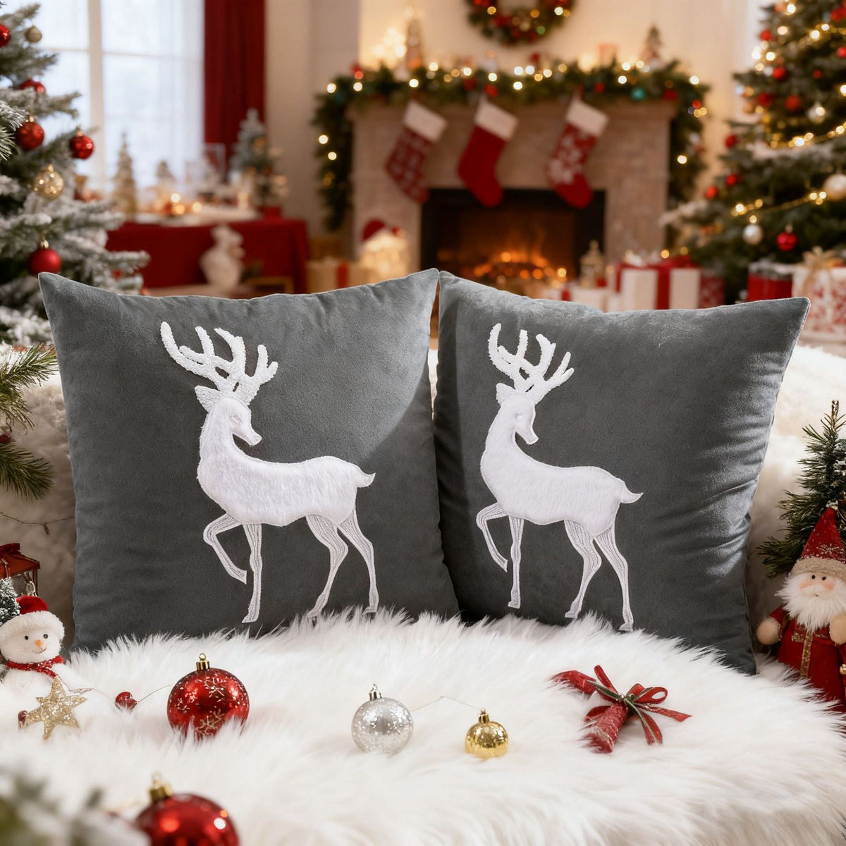 Christmas Living Room Throw Pillow Cover with Deer Silhouette | Removable Case with Discreet Zipper | 42 Designs, 17.72 x 17.72 in
