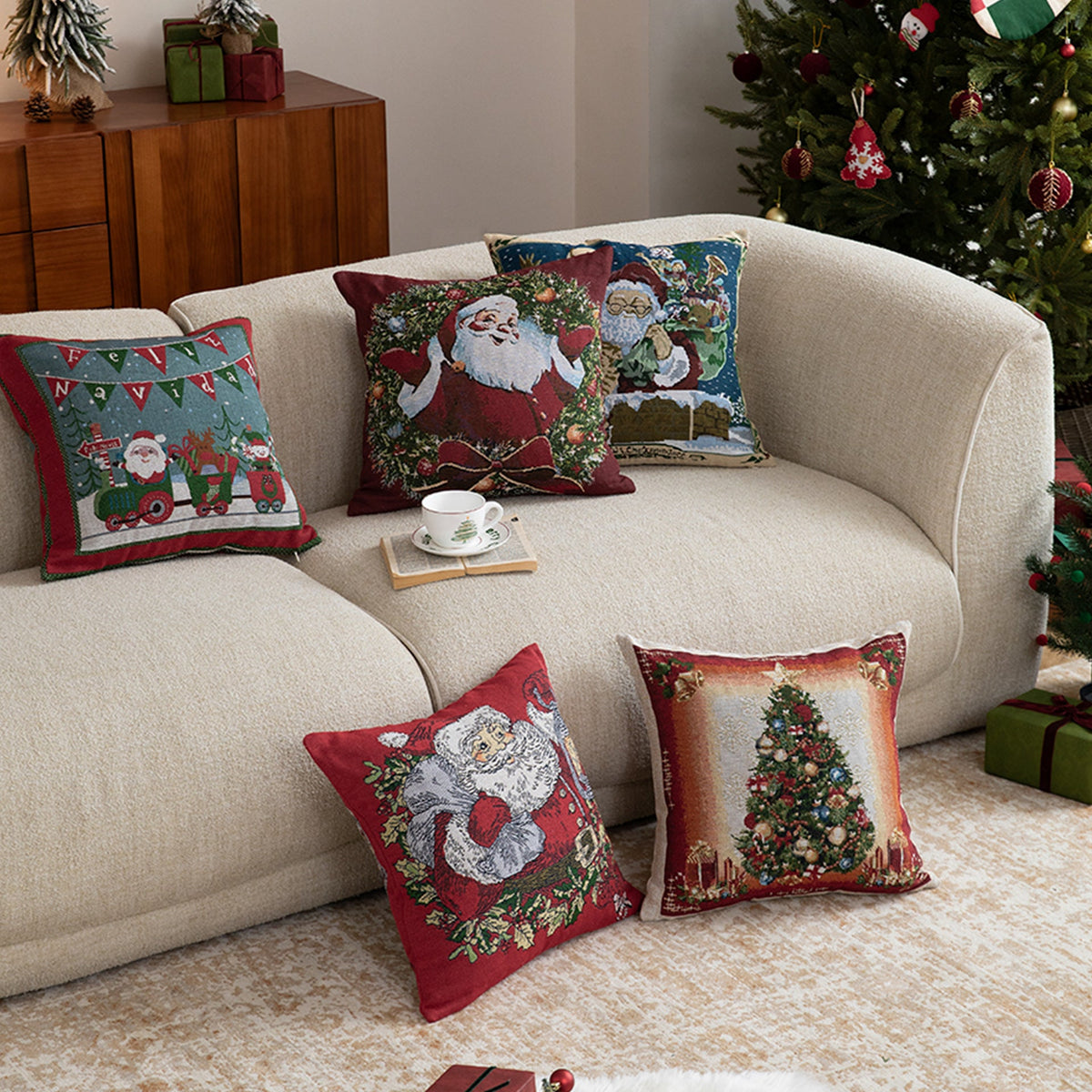 Christmas Home Decor Tapestry Pillow Cover with Santa and Reindeer Motif | Woven Gobelin Texture, Concealed Zipper | Six Designs