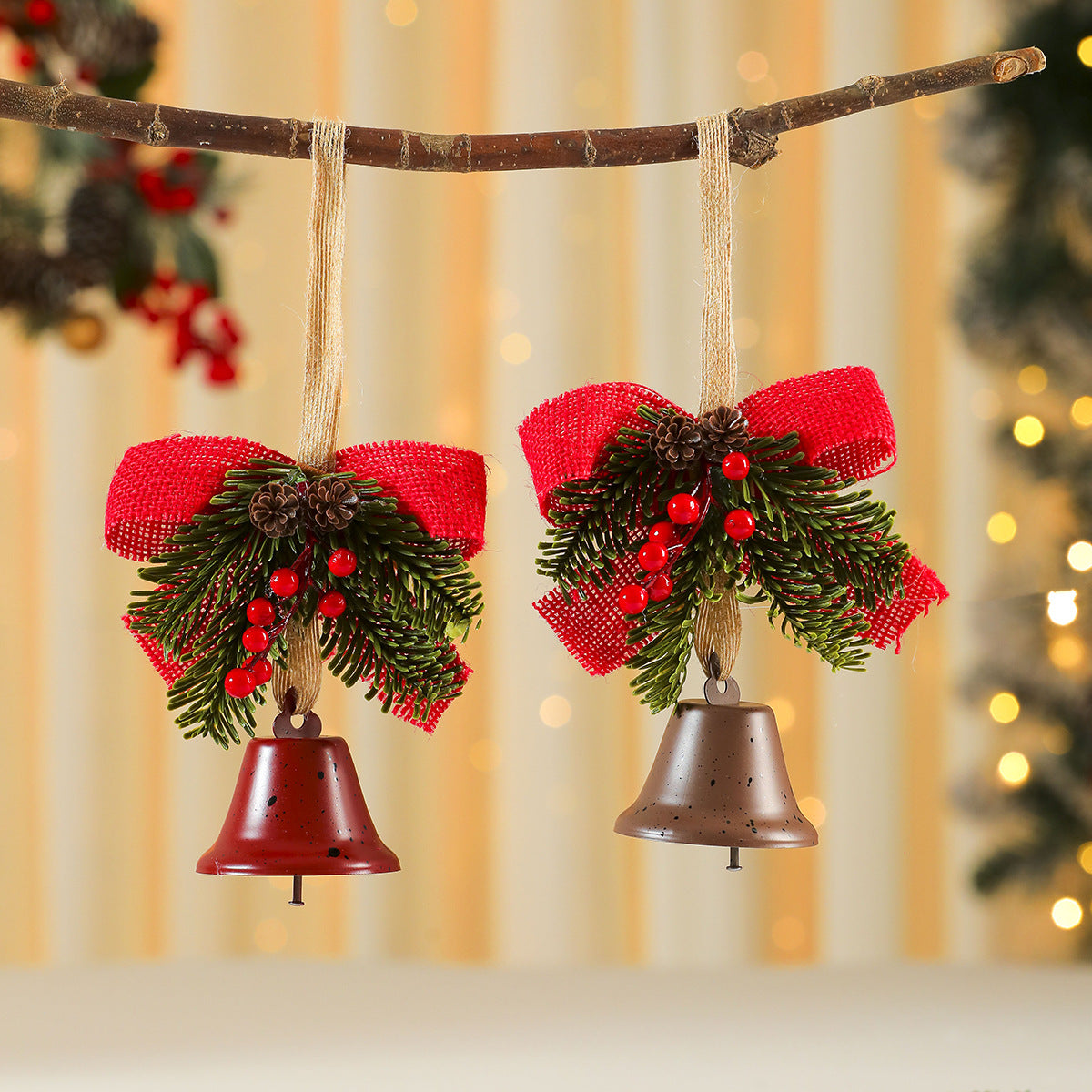Christmas Ornaments with Bell, Red Bow and Faux Greenery Accent | Sturdy Cord for Tree or Door Hanging | Four Classic Colorways