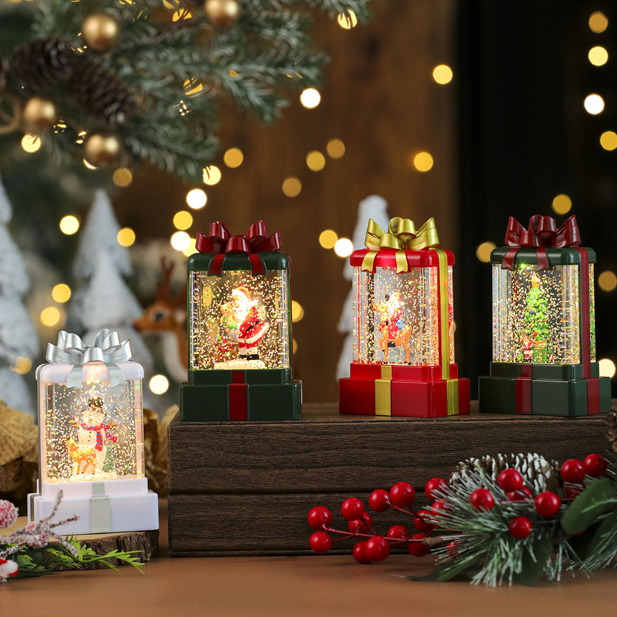 Gift Box Shaped Christmas Decorations with a Santa Scene | Shake for Swirling Snowflakes | Warm LED Light in Red, Green or White
