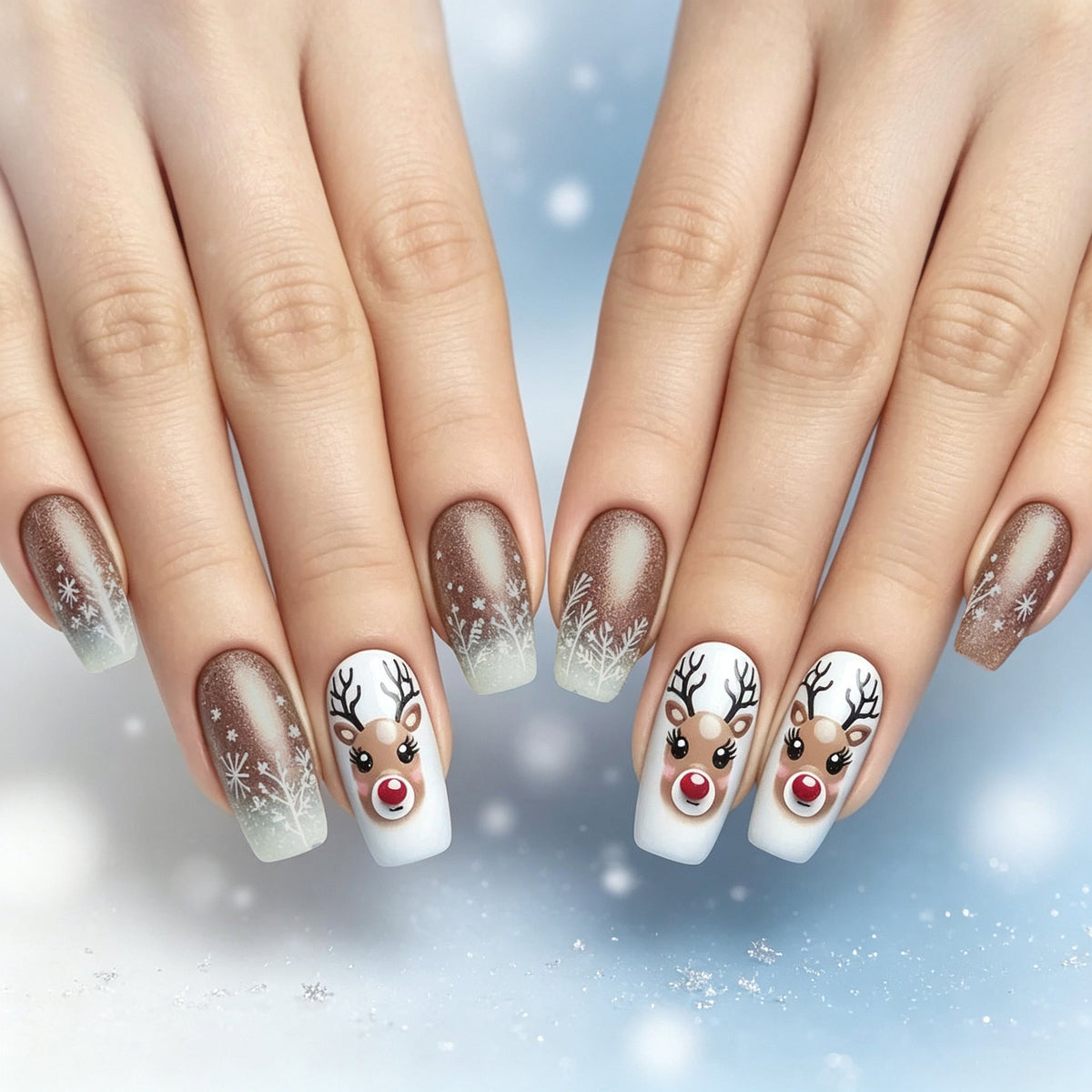 Christmas Gel Nails with Reindeer and Snowflake Art | Brown and White Ombre Tips | Quick Salon Finish at Home