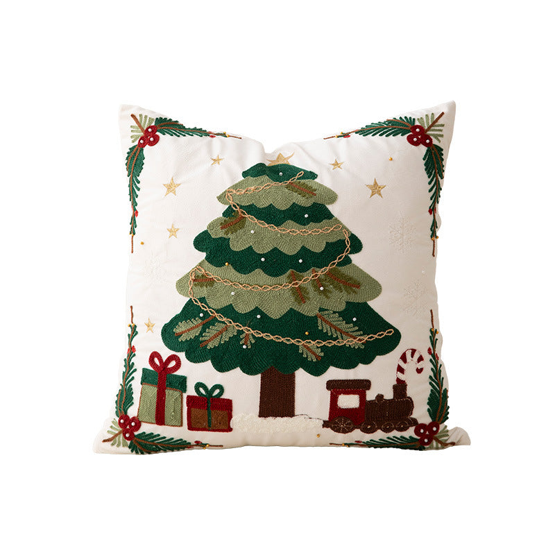 Embroidered Christmas Pillow Cover with Snowman and Fir Sprigs | Cotton Linen Blend, Invisible Zipper | Indoor Decorations