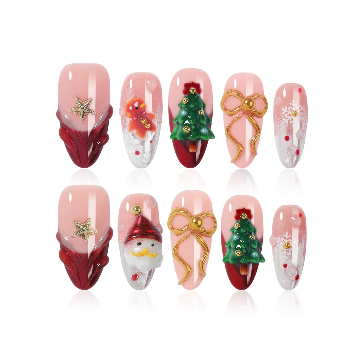 Christmas Tree Nails with Glossy Star Motifs | Festive Press On Fingernails in Mixed Sizes | Easy Nail Kit for Parties