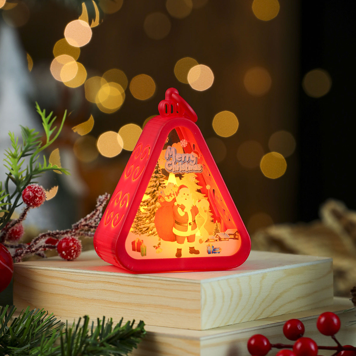 Tree Shaped Christmas Decorations with Santa and a Snowy Scene | Hanging Light Box with On Off Switch | Warm Glow for Indoor Use