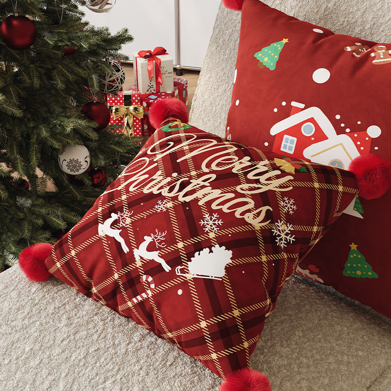 Plaid Throw Pillow Cover for Christmas Decorations with Pom-Pom Corners | Merry Lettering, Hidden Zipper | Five Designs, Three Sizes