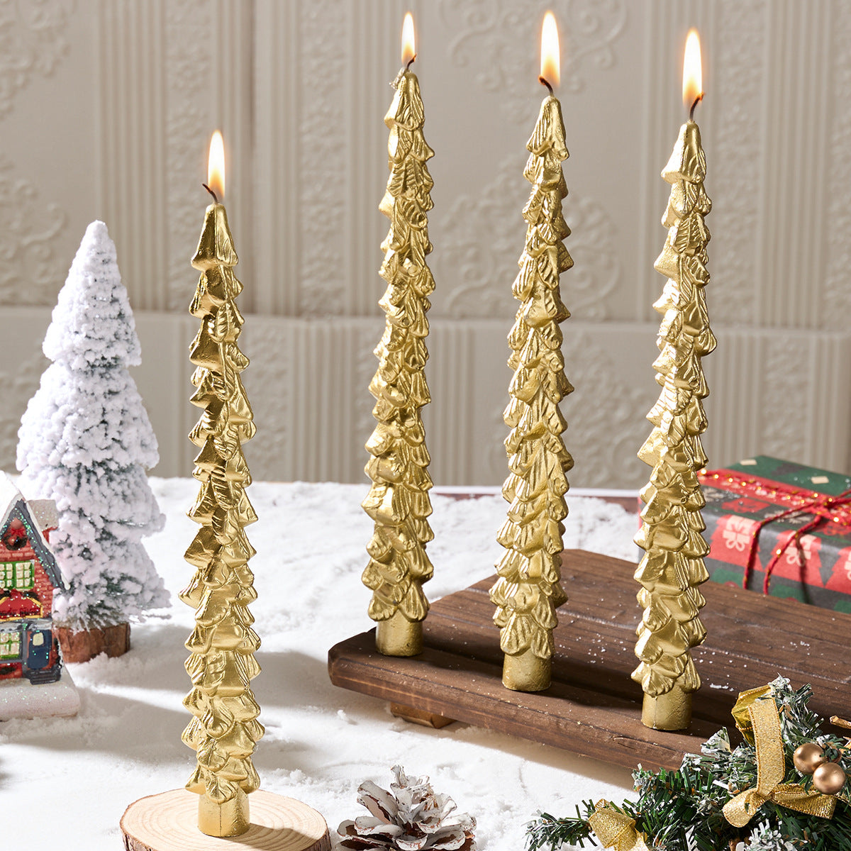 Hand Textured Christmas Tree Taper Candles | Drip Free Wax with Fir Branch Grooves | Fits Standard Holders for Festive Tables