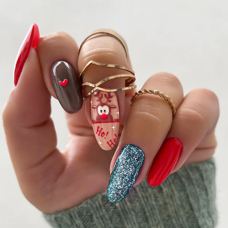 Christmas Press On Nails in Bright Red with Glitter | Set of 24 Fake Nail Tips with Reindeer | Festive Xmas Manicure