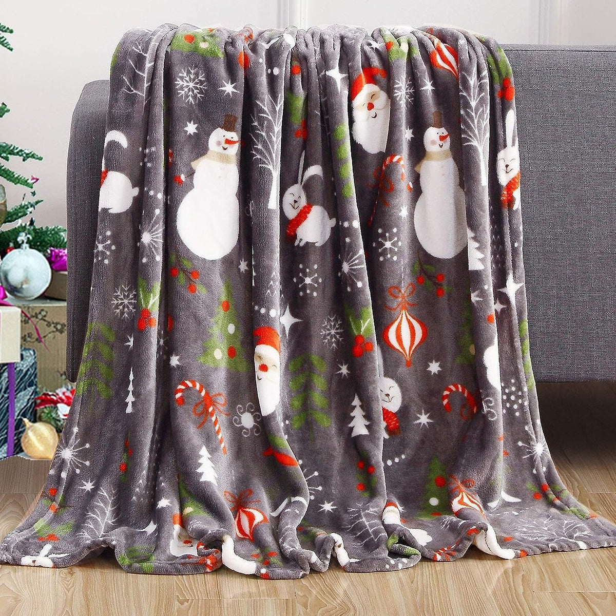 Santa and Snowman Plush Fleece Blanket in Blue | Soft Christmas Throw for Family Movie Nights | Two Sizes Available