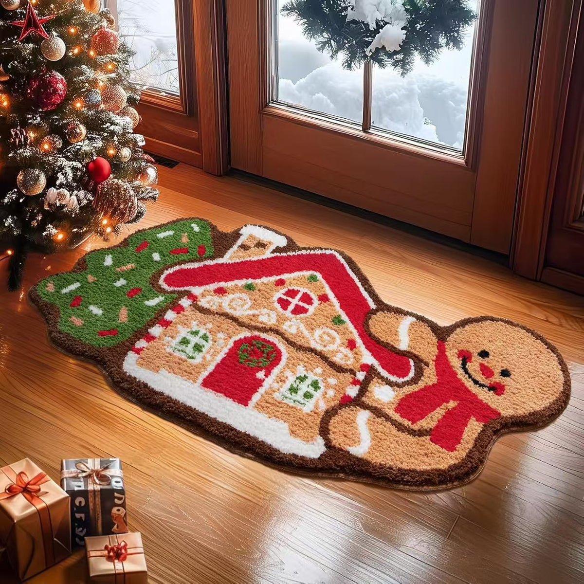 Christmas Tree Shaped Rug with Candy Cane and Snowflake Print | Soft Fibers Underfoot | Living Room and Entryway Mat