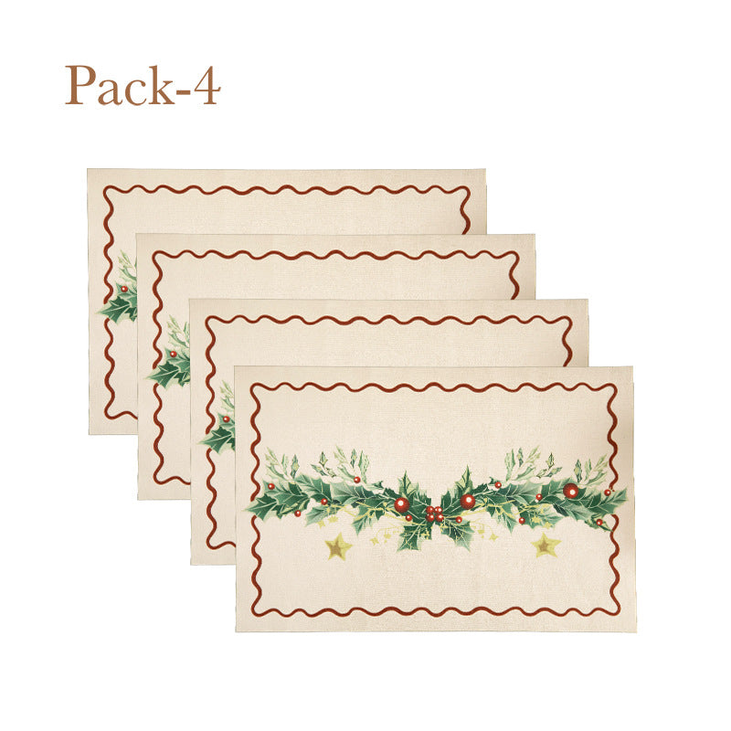 Christmas Placemat Set with Merry Lettering and Holly Accents | Red and Green Scalloped Table Mats | Flat Wipe Clean Decorations