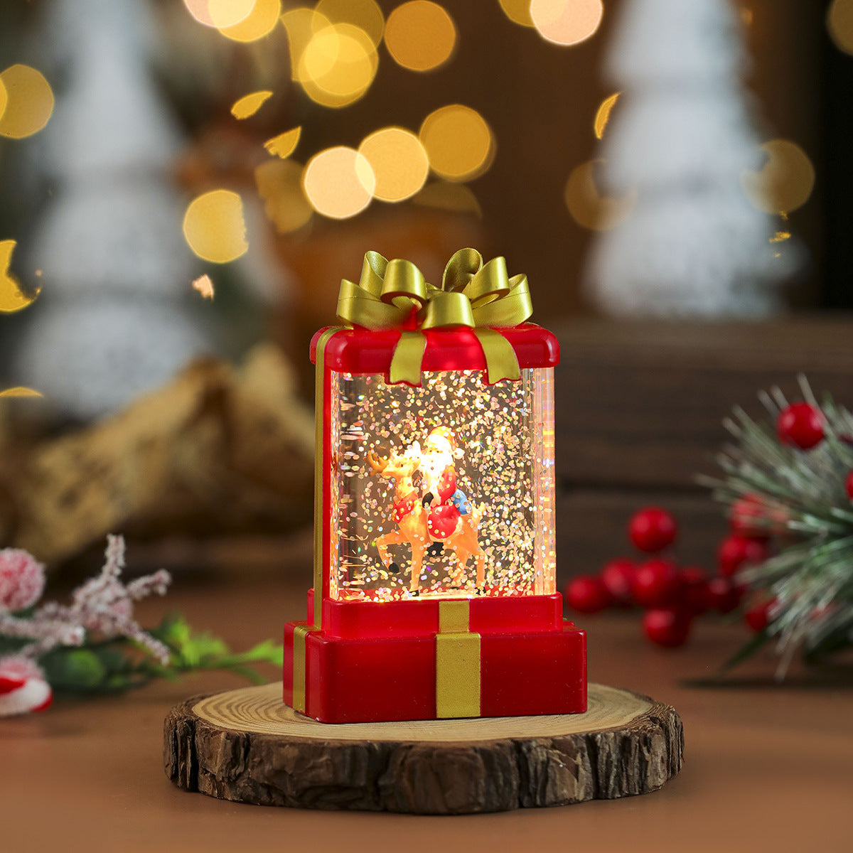 Gift Box Shaped Christmas Decorations with a Santa Scene | Shake for Swirling Snowflakes | Warm LED Light in Red, Green or White