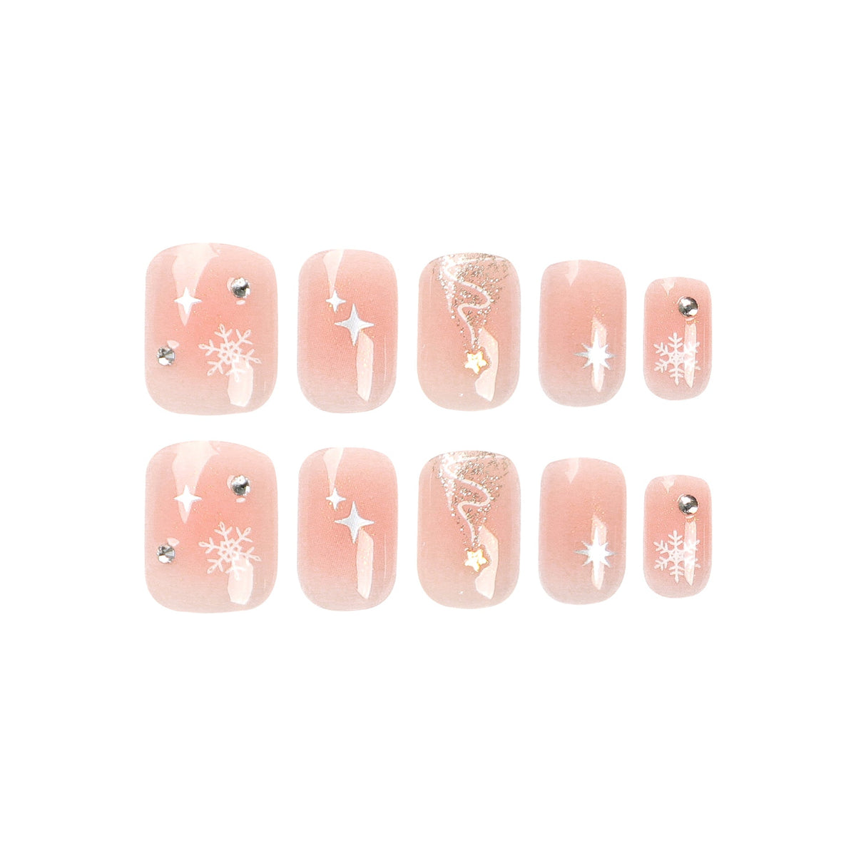 Neutral Christmas Nails with Snowflake and Star Art | Self Adhesive Press On Tips | Lightweight Fit for Daily Wear