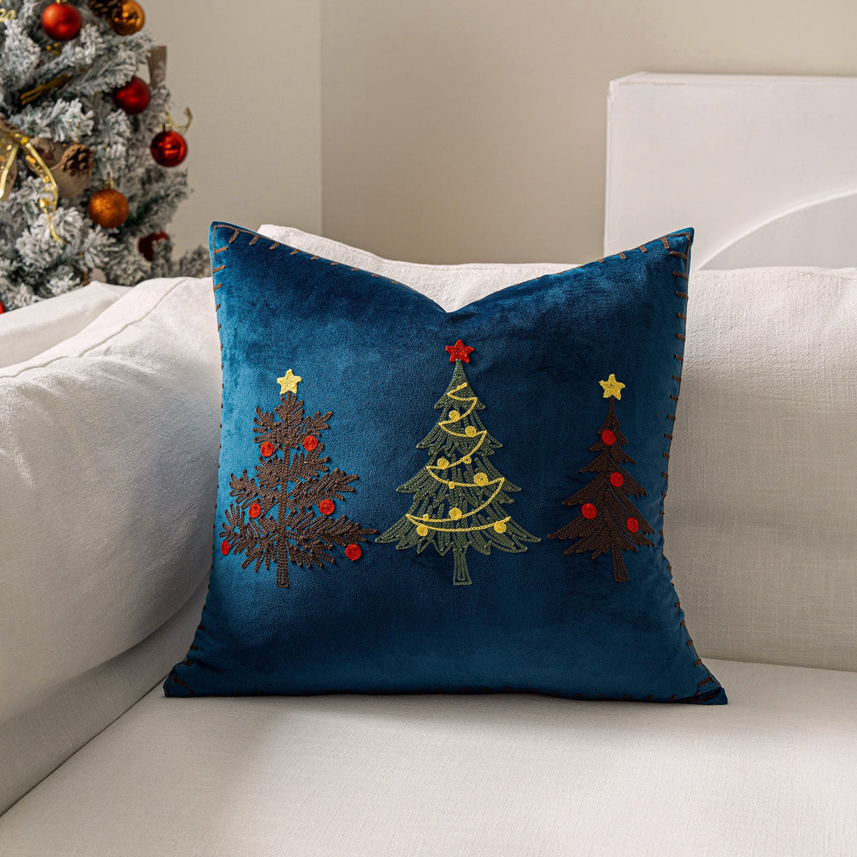 Velvet Christmas Pillow Cover with Embroidered Tree Motifs | Blanket Stitch Edge and Hidden Zipper | Sofa and Bed Decorations
