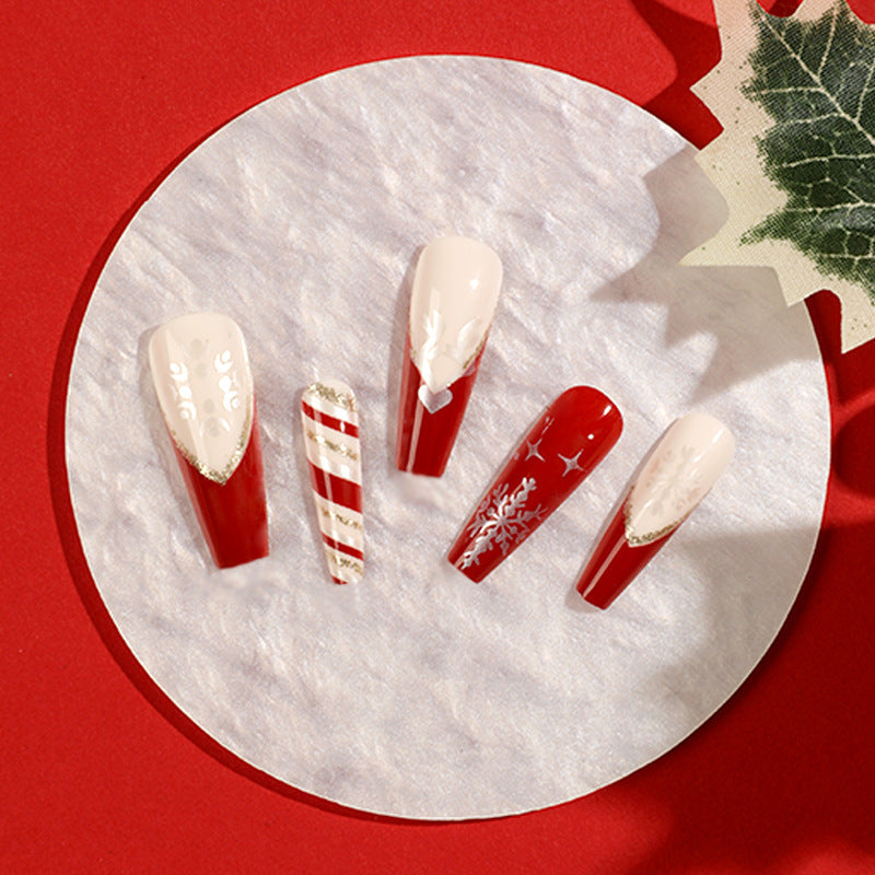 Candy Cane Nails in Deep Red and White | Long Coffin Press On Tips with Snowflake Art | Glitter Accents for Parties