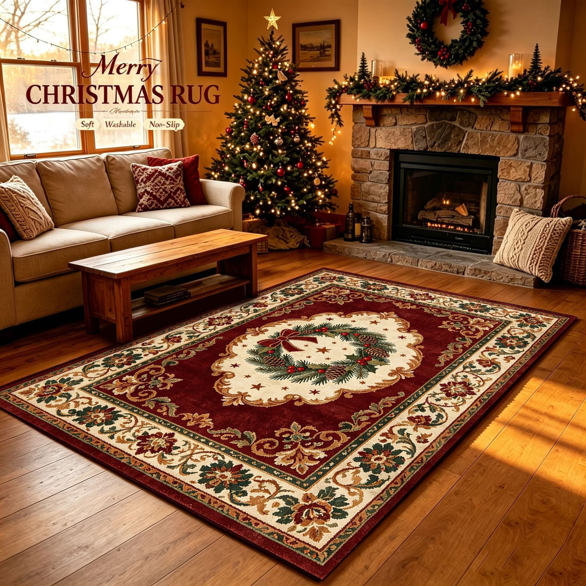 Christmas Area Rug with Snowflake and Pine Cone Pattern | Plush Soft Pile, Non-Slip Backing | Washable Holiday Floor Decor