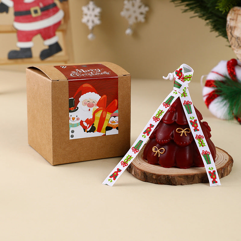Scented Christmas Tree Candle with Ribbon Bow | Hand Poured Wax in a Kraft Gift Box | Seasonal Mantel Decor and Tabletop Accent