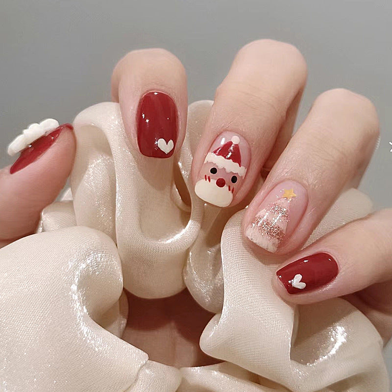 Santa and Heart Christmas Nails | Reusable Press On Nail Set with Adhesive Tabs | Festive Manicure for Winter Parties