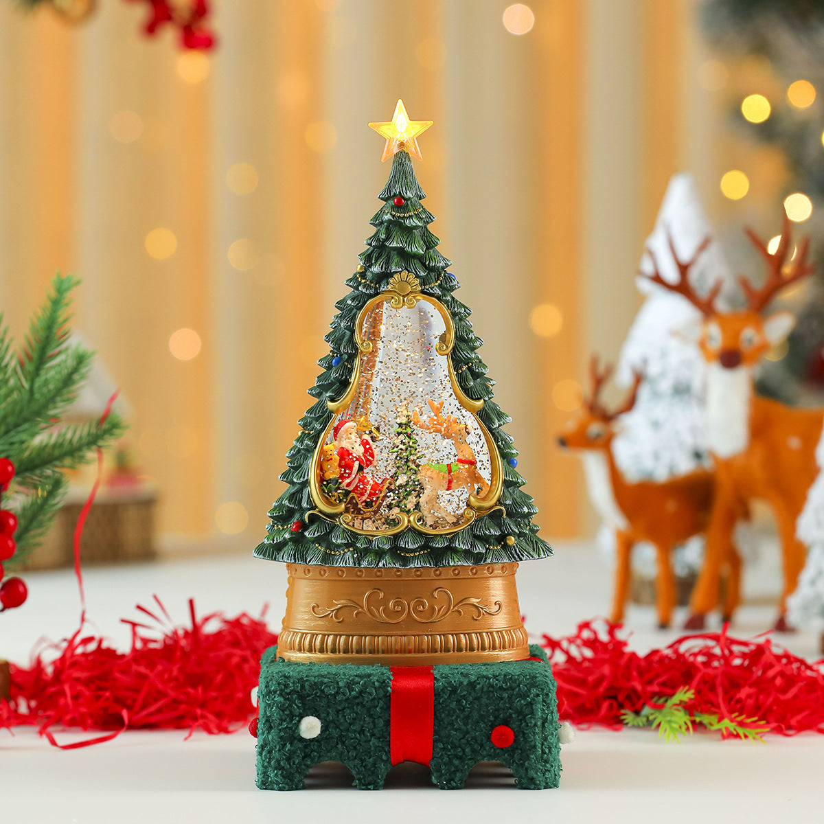 Illuminated Christmas Tree Decorations with a Sparkling Star Top | Painted Scene Behind a Clear Window | Warm Table Glow