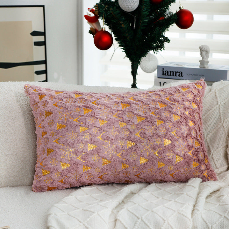 Gold Christmas Pillow Cover with Tree and Reindeer Print | Square Velvet Look Fabric, Hidden Zipper | Eight Designs in Three Sizes