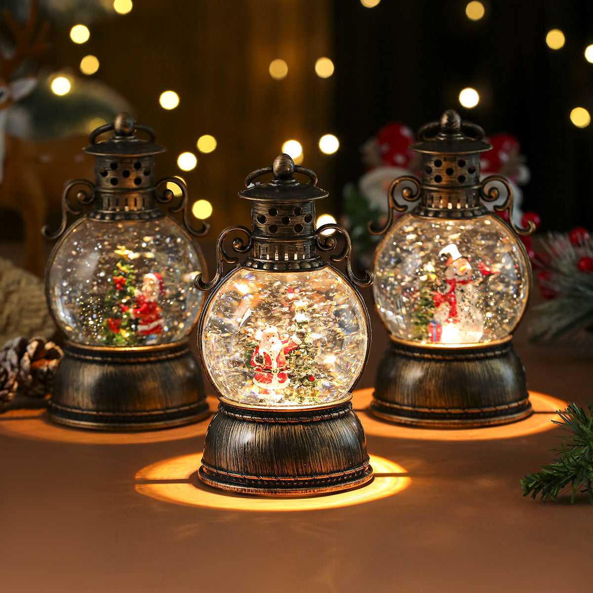 LED Christmas Lights in a Glass Dome Lantern with Santa and a Fir Tree | Warm Candlelight Effect | Battery Powered, No Socket