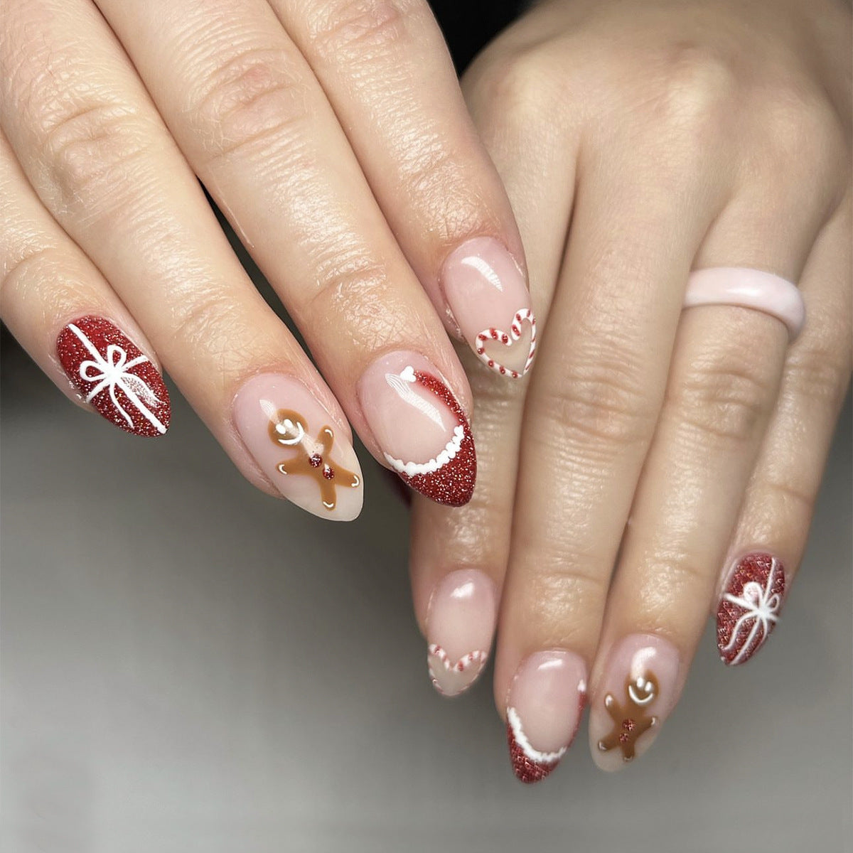 Candy Cane and Gingerbread Nails with Glitter | Christmas Press On Nail Designs | Festive Winter Manicure for Parties