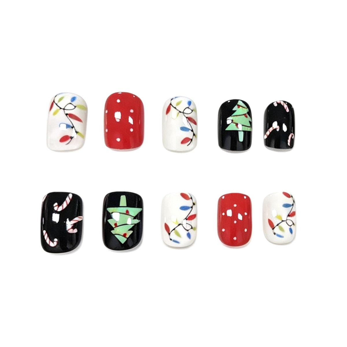 Christmas Light Nails with Tree and Candy Cane Art | Black, Red and White Set | Glossy Long Wearing Shine