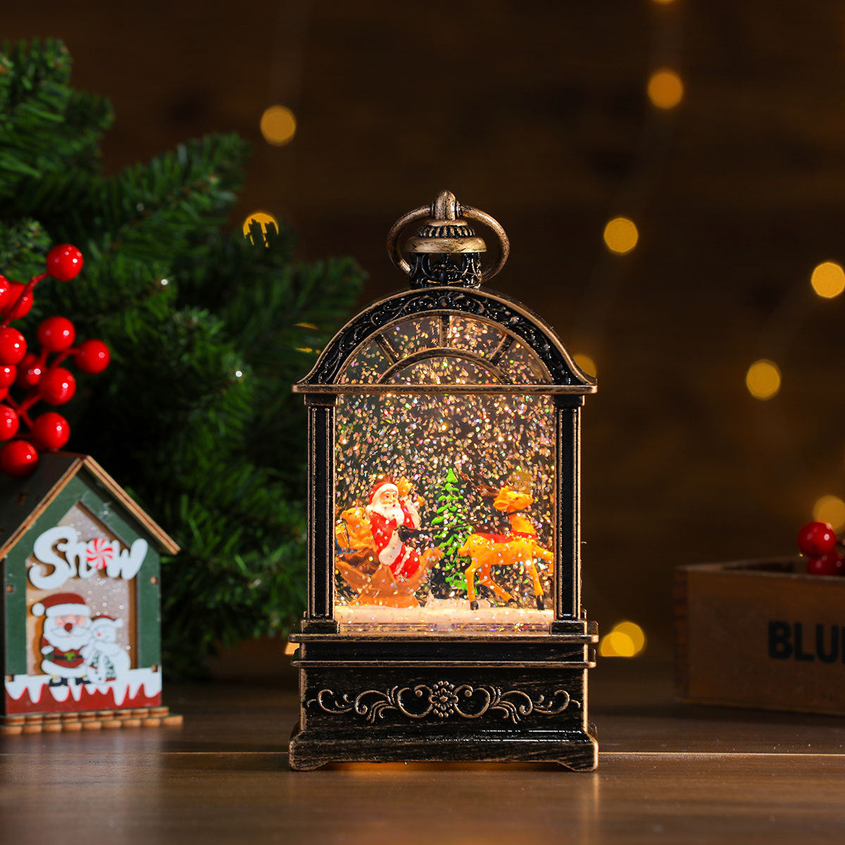 Musical Christmas Lanterns with a Santa and Reindeer Scene | Plays Classic Holiday Melodies | 12 in Tall Painted Tabletop Light
