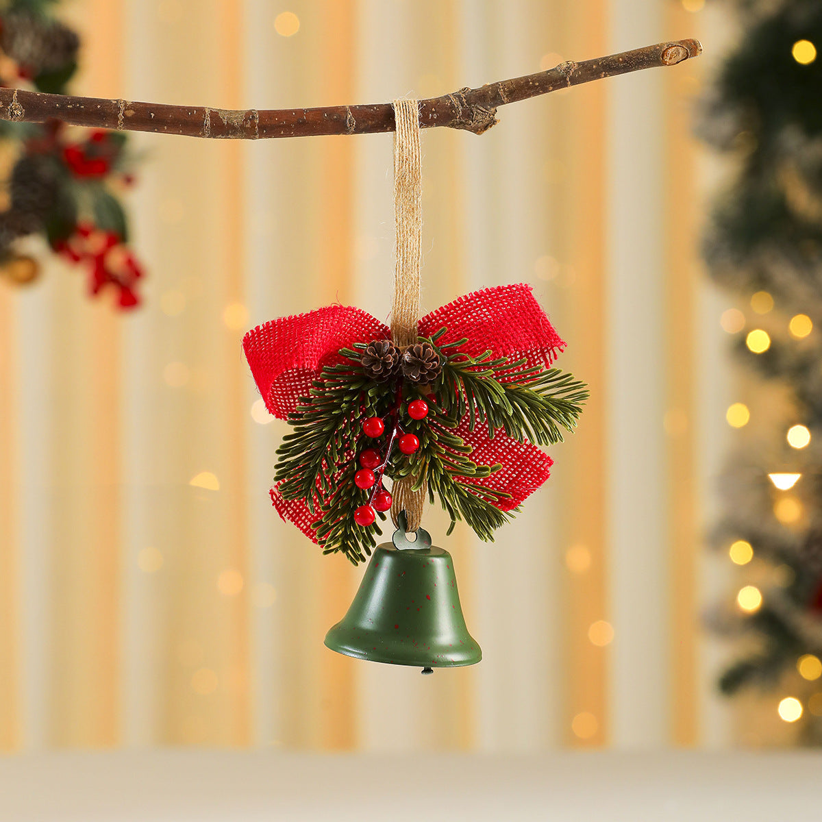 Christmas Ornaments with Bell, Red Bow and Faux Greenery Accent | Sturdy Cord for Tree or Door Hanging | Four Classic Colorways