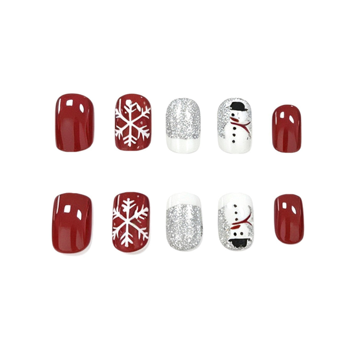 Snowman Christmas Nails in White and Silver Glitter | Press-On Set with Snowflake Detail | Vibrant Color That Lasts