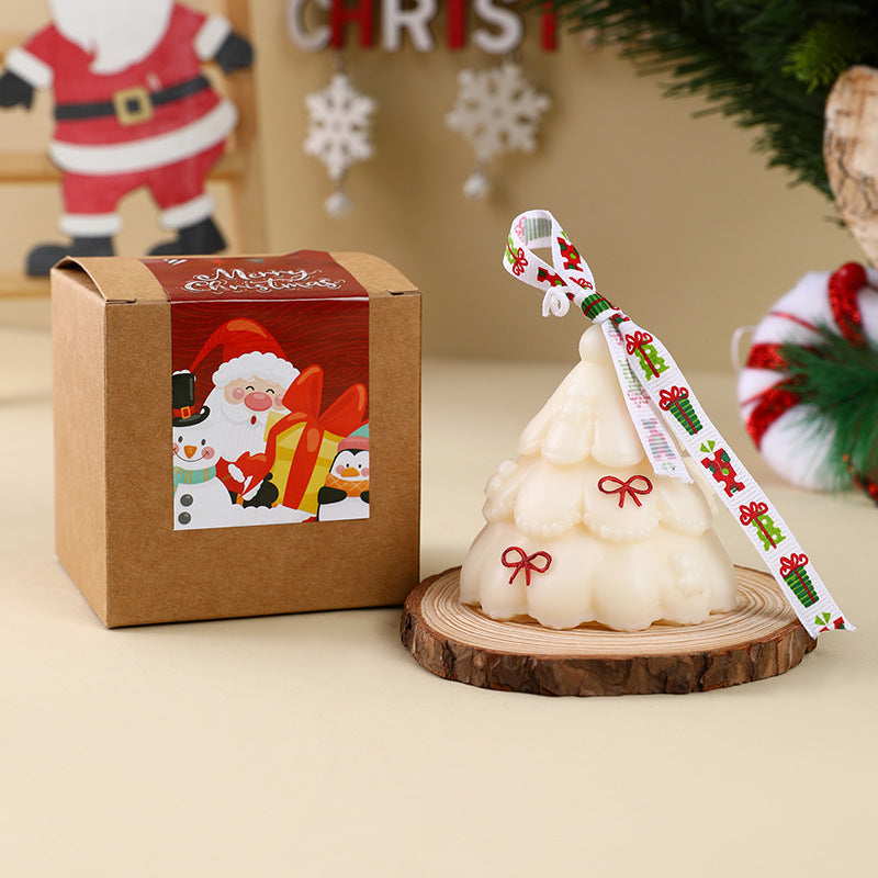 Scented Christmas Tree Candle with Ribbon Bow | Hand Poured Wax in a Kraft Gift Box | Seasonal Mantel Decor and Tabletop Accent