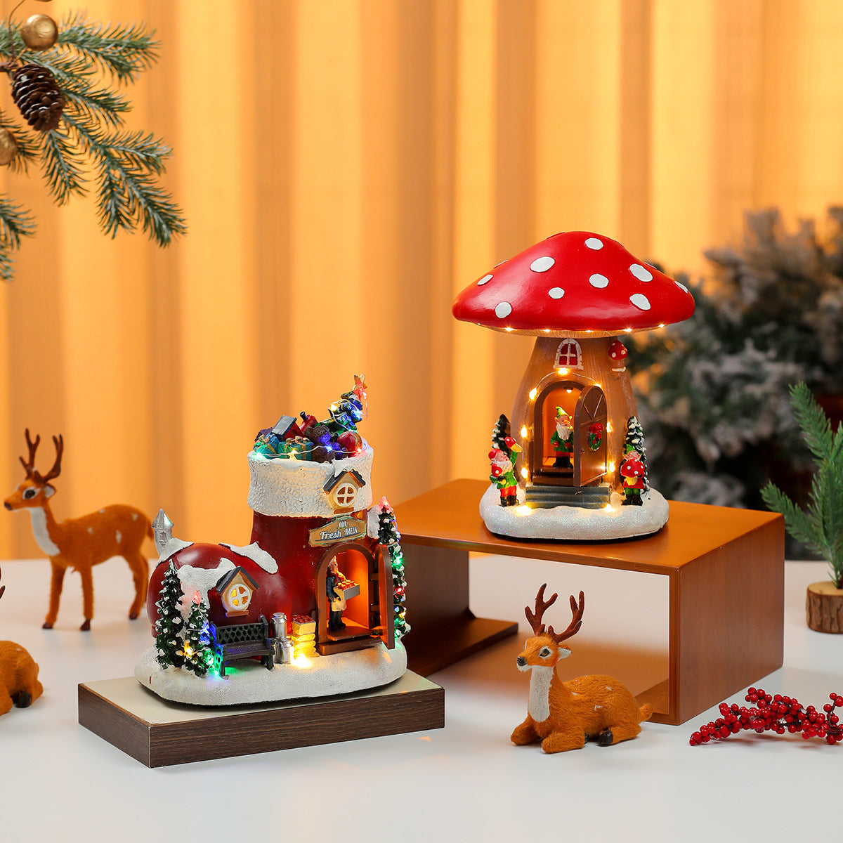 Christmas Village House with LED Lights | Candy and Mushroom Cottage Designs | Lit Tabletop Holiday Decoration