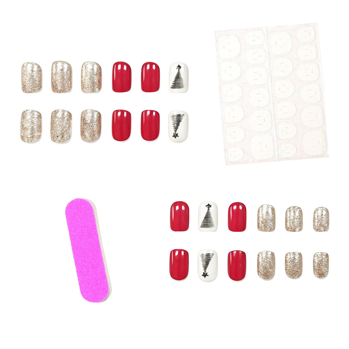 Christmas Tree Nails in Red and Silver Glitter | Press-On Set in Gift-Ready Packaging | Quick Festive Manicure at Home