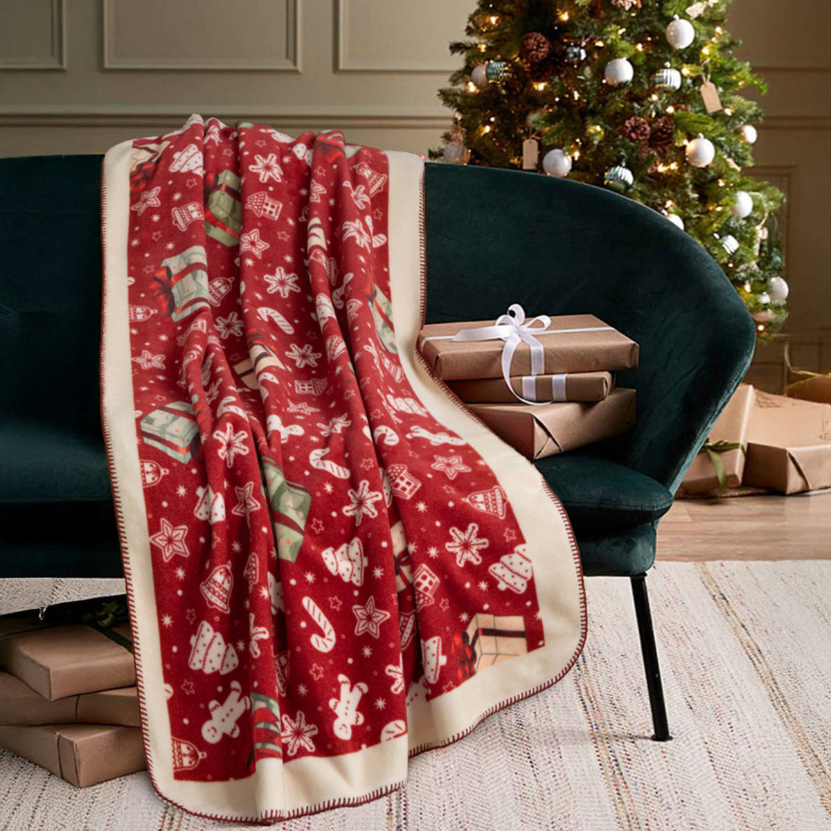 Christmas Throw Blanket with Gingerbread and Candy Cane Print | Soft Festive Fleece for Sofa and Bed | Stitched Border, 59 x 39 in