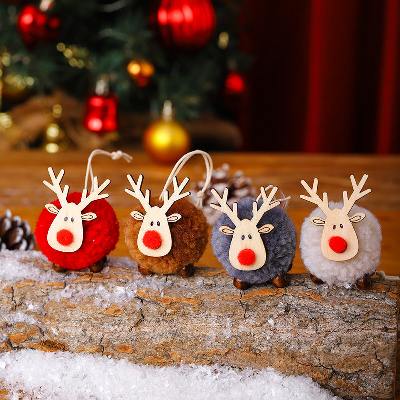Reindeer Ornaments with a Pompom Body and Wood Antlers | Brown, White, Red or Grey | Christmas Decorations to Hang