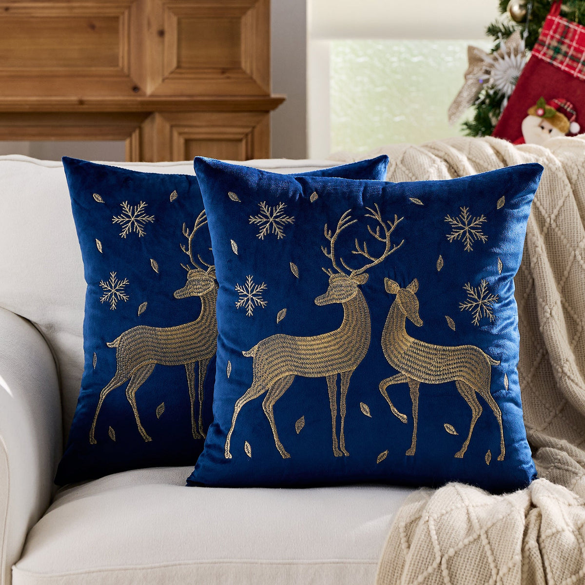 Christmas Living Room Throw Pillow Cover with Deer Silhouette | Removable Case with Discreet Zipper | 42 Designs, 17.72 x 17.72 in