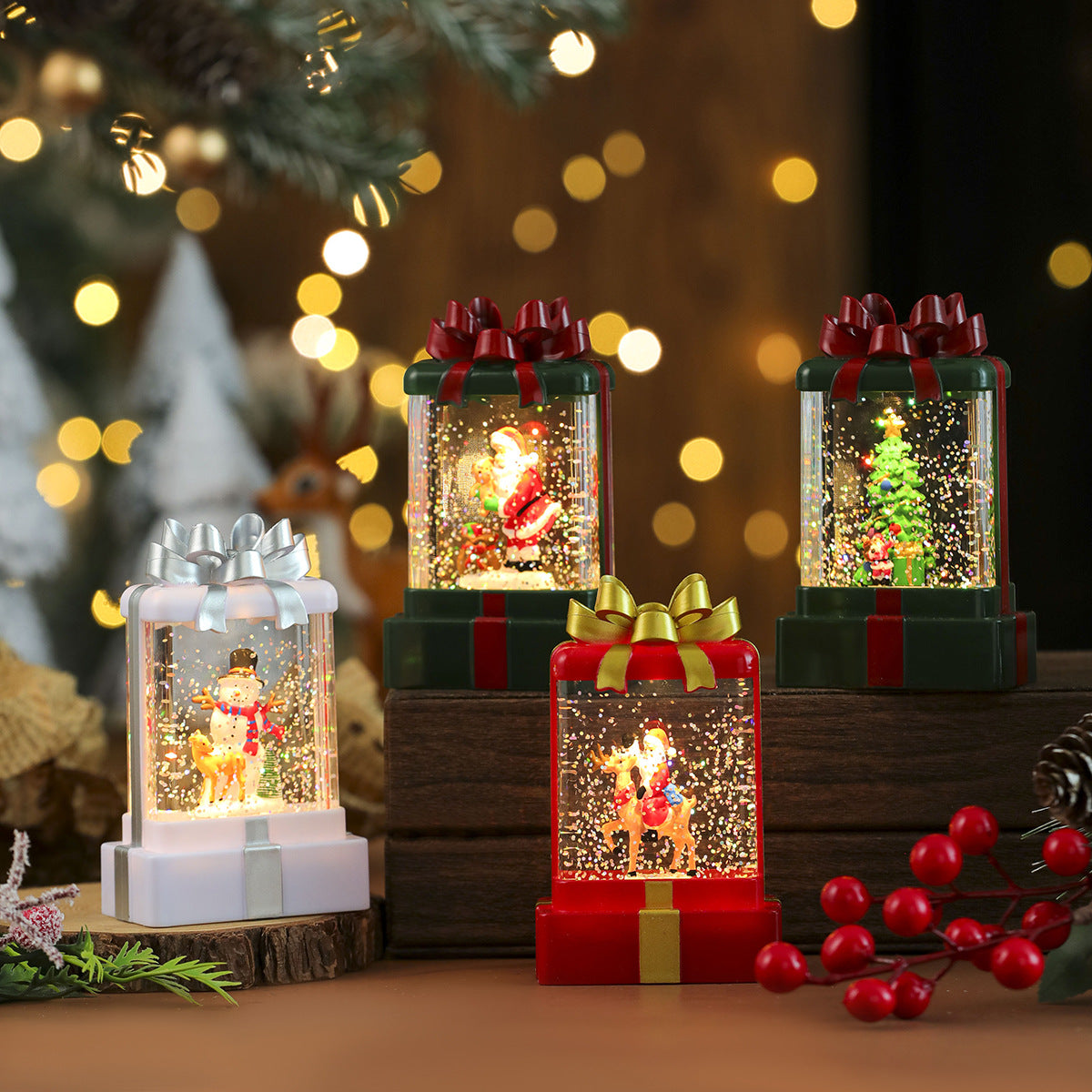 Gift Box Shaped Christmas Decorations with a Santa Scene | Shake for Swirling Snowflakes | Warm LED Light in Red, Green or White