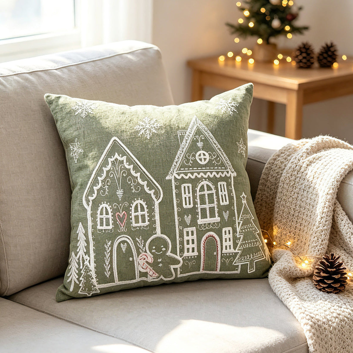 Christmas Bedroom Pillow Cover with Embroidered Gingerbread Houses | Soft Velvet Style Fabric, Hidden Zipper | Six Designs, Two Sizes