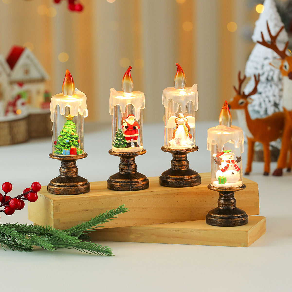 LED Christmas Candle Lights with a Santa or Tree Figure Inside | Warm White Glow on a Brass Look Stand | Switch Under the Base