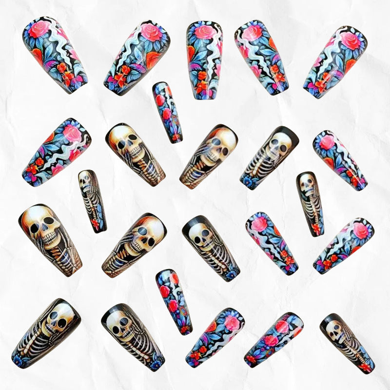 Halloween Skeleton Floral Press-On Nails | Glue-Free Application in Minutes for Parties and Nights Out