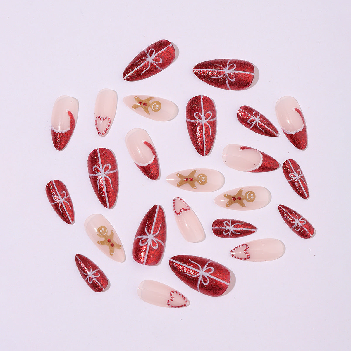 Candy Cane and Gingerbread Nails with Glitter | Christmas Press On Nail Designs | Festive Winter Manicure for Parties